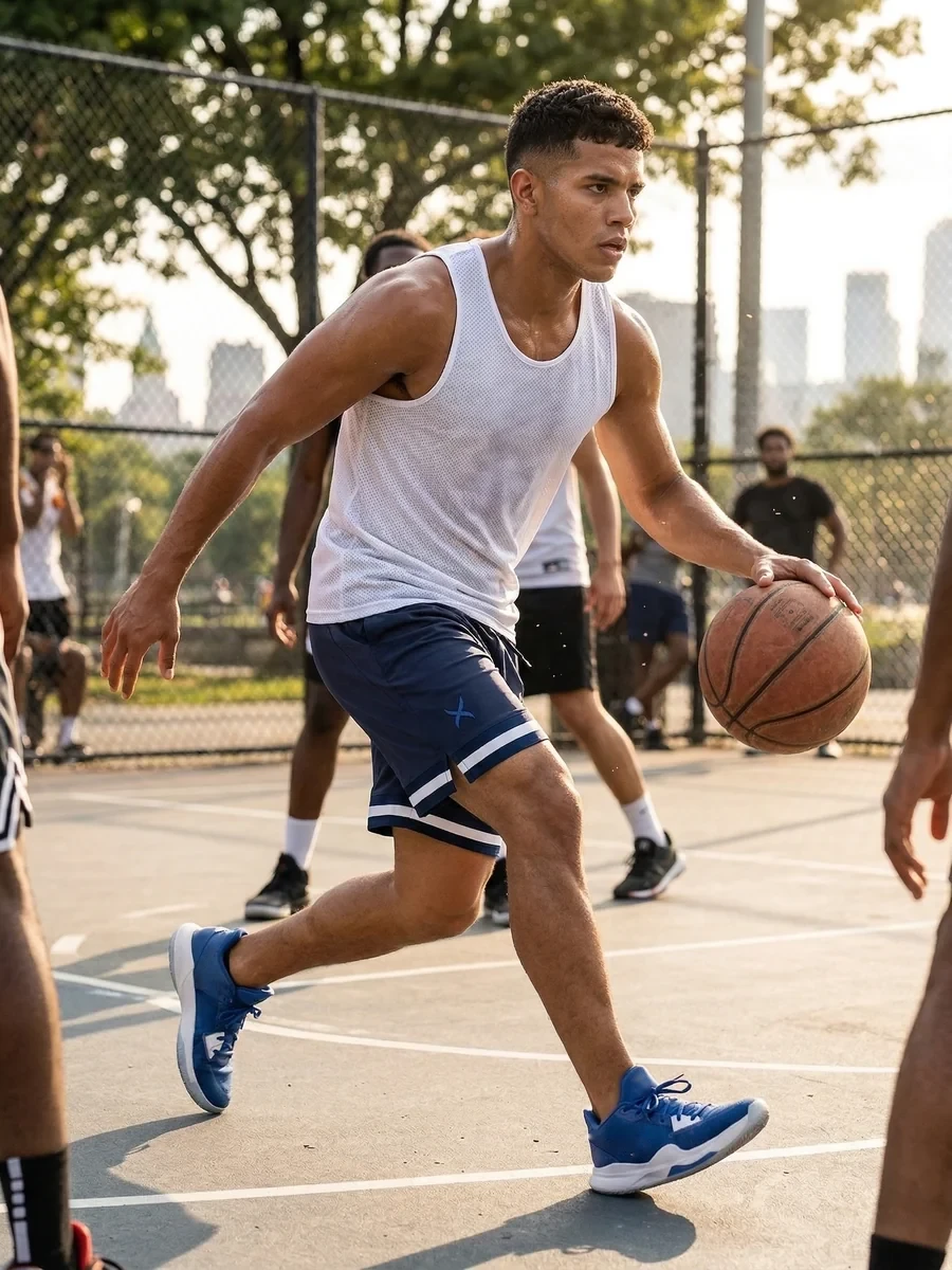 Man in Game Time Active navy basketball shorts dribbling on an outdoor city court